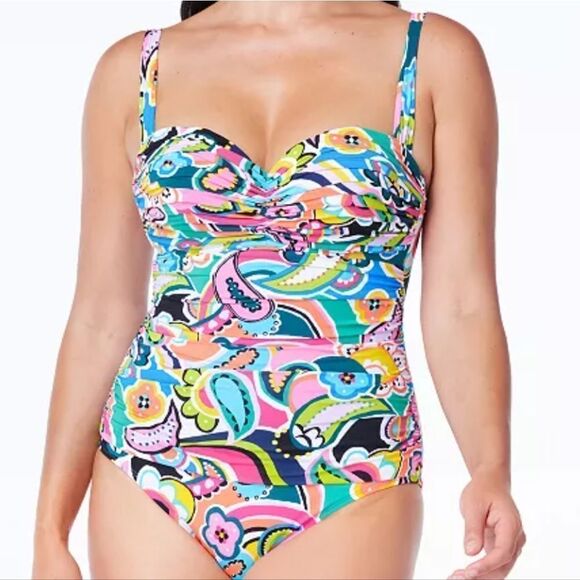 Bleu Rod Beattie Paisley Floral Print Shirred Bandeau One Piece Swimsuit sz 10 - Picture 10 of 16